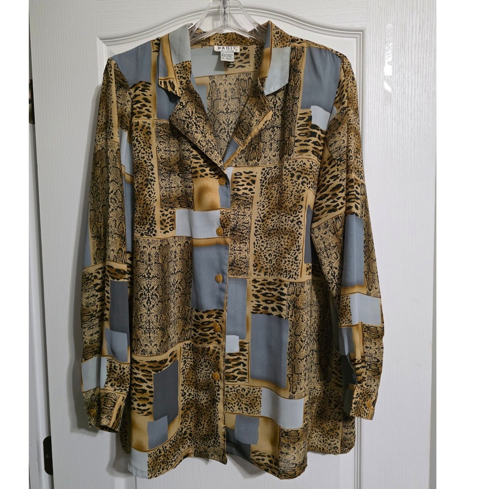 Magic Button Up Tunic Women's 1x Animal Print Patchwork Long Sleeve Collared Top